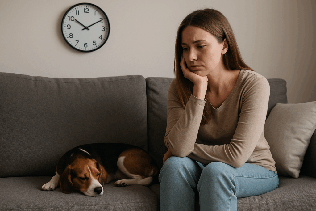 Frau sitzt traurig auf der Couch, ein Hund liegt neben ihr