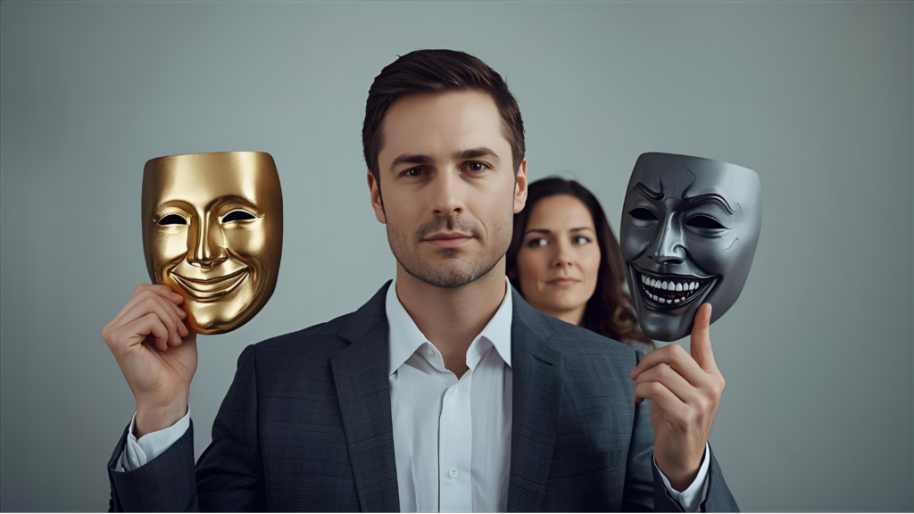 Ein Mann h&auml;lt zwei Masken in seinen H&auml;nden. Ein Symbolbild f&uuml;r Beziehung mit einem Narzissten