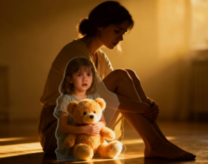 Eine Frau sitzt auf den Boden, ihr Körper ist durchsichtig und man erkennt ein verängstigtes kleines Mädchen - ihr inneres Kind. Ein Symbolbild für die Ursachen emotionaler Abhängigkeit in der Kindheit.