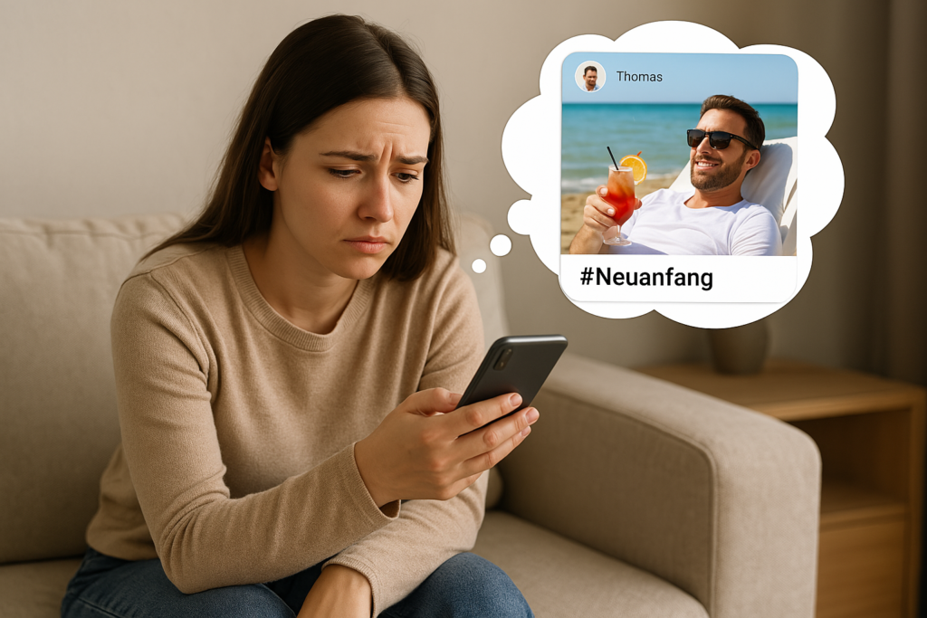 Eine Frau sieht im Instagram-Account ihres Ex, dass er gl&uuml;cklich mit einer neune Partnerin ist. Symbolbild f&uuml;r ein Rebound-Beziehung eines Narzissten.
