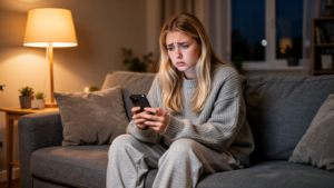 Junge blonde Frau Anfang zwanzig sitzt abends auf der Couch, starrt verunsichert auf ihr Handy und versucht, ihre Verlustangst zu überwinden.