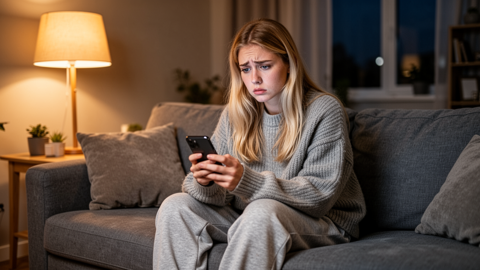 Junge blonde Frau Anfang zwanzig sitzt abends auf der Couch, starrt verunsichert auf ihr Handy und versucht, ihre Verlustangst zu überwinden.