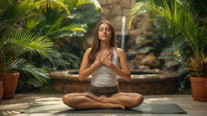 Frau im Schneidersitz auf einer Yogamatte im Garten, Hände auf der Brust, um das Nervensystem zu regulieren